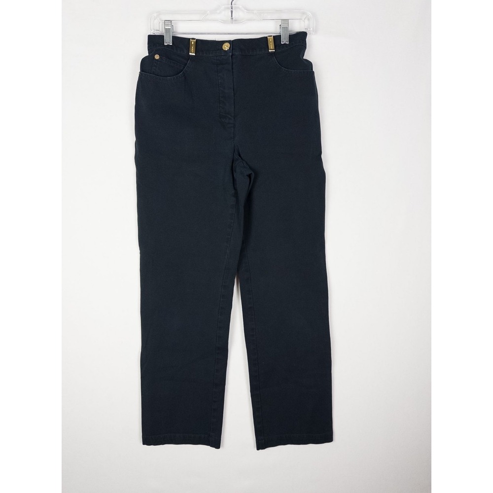 St John‎ Sport Pants Womens 4 Blue Chino Gold Buttons Logo Flat Front Canvas